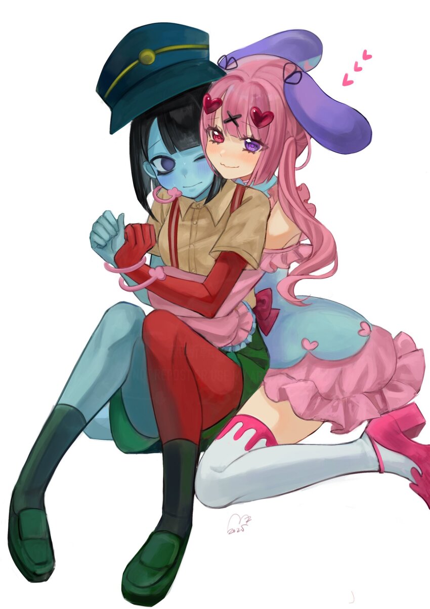 2girls animal_ears black_hair blue_skin blunt_bangs blunt_ends blush bob_cut colored_skin dress ena:_dream_bbq ena_(dream_bbq)_(joel_g) ena_(series) ena_(species) hair_ornament hangover_ena_(joel_g) hat heart heart_hair_ornament highres hug hug_from_behind long_hair medium_hair multicolored_skin multiple_girls one_eye_closed original pink_hair red_skin shirt shoes short_sleeves simple_background sitting smile socks thighhighs two-tone_skin usagimarumei yuri