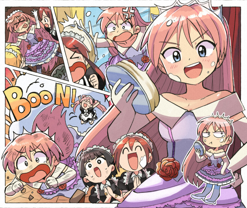 4girls anger_vein apron blue_eyes brown_hair dress english_text explosion flower food high_heels long_hair maid maid_apron maid_headdress multiple_girls open_mouth original pie pink_hair red_hair rose scratches short_hair sound_effects tiara tongue tongue_out tsubobot x