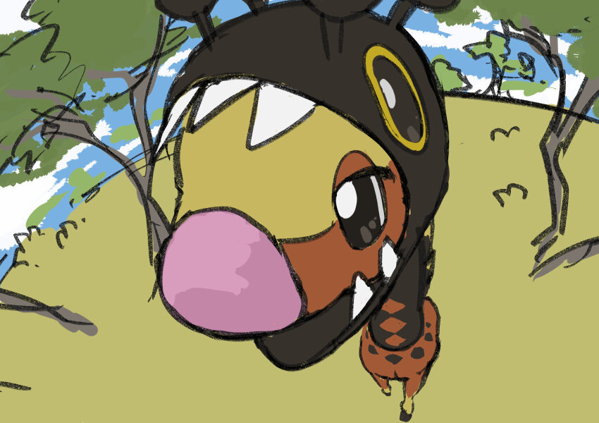 animal animal_focus aomon_(yuuji7604) black_eyes close-up farigiraf giraffe highres looking_at_viewer nintendo no_humans pokemon pokemon_(creature) solo tree