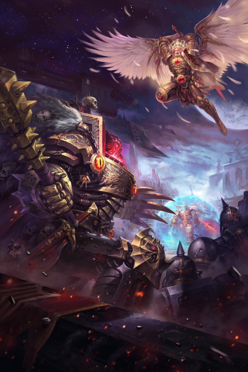 5boys absurdres adeptus_astartes aquila_(symbol) armor bald battle battleship black_armor black_hair black_legion blade_encarmine blonde_hair blue_eyes bolter breastplate chaos_(warhammer) clawed_gauntlets dagger emperor_of_mankind eyes_of_horus_(warhammer_40k) fire flaming_sword flaming_weapon fleet flying full_armor full_moon gem glowing glowing_eyes glowing_halo gold_armor gold_trim gorget gun halo halo_behind_head heresy highres holding holding_mace holding_sword holding_weapon horus_lupercal imperial_aquila imperium_of_man jewelry knife laurel_crown leopard_pelt long_hair mace military_vehicle moon multiple_boys open_mouth ornate ornate_armor pauldrons pelt planet power_armor primarch red_eyes red_gemstone sanguinius science_fiction severed_head ship shoulder_armor sky snow_leopard_pelt space spacecraft spiked_mace spikes star_(sky) sword terminator_armor warhammer_40k warship watercraft weapon weizheng wings