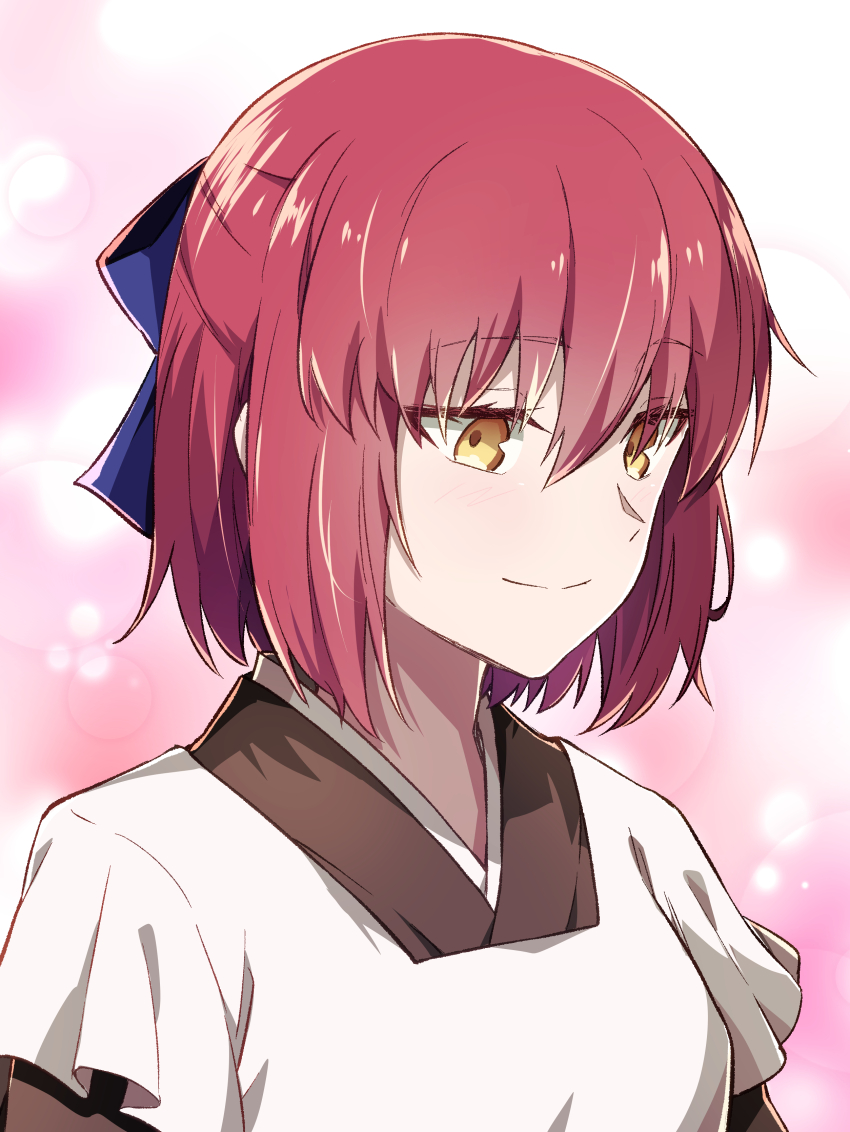 1girl absurdres apron azami_masurao blue_bow blush bow brown_kimono closed_mouth commentary_request hair_between_eyes hair_bow half_updo highres japanese_clothes kimono kohaku_(tsukihime) looking_away maid maid_apron red_hair short_hair smile solo tsukihime wa_maid white_apron yellow_eyes
