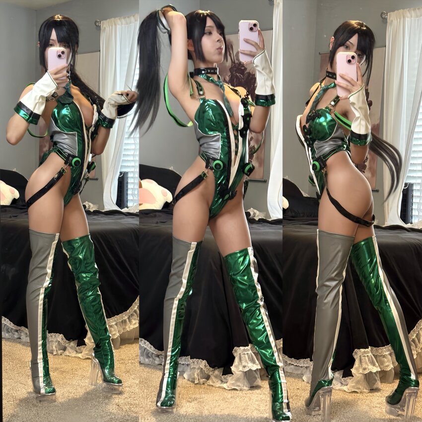 1girl 2025 alternate_costume ass asymmetrical_legwear bare_legs bare_shoulders bedroom black_hair boots breasts brown_eyes commentary contrapposto english_commentary eve_(stellar_blade) eve_(stellar_blade)_(cosplay) female_focus fingerless_gloves from_side full_body girlautomata gloves green_leotard groin high_heel_boots high_heels highres holding holding_phone indoors large_breasts leotard long_hair multiple_views phone planet_diving_suit_(7th)_(stellar_blade) platform_heels ponytail puckered_lips selfie solo split_screen stellar_blade thigh_boots white_gloves