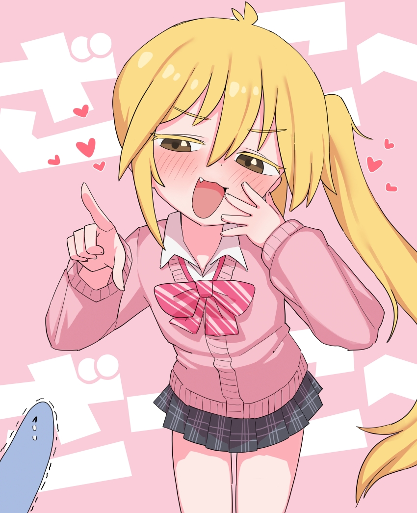 1girl absurdres akita_neru blonde_hair blush bow bowtie brown_eyes cardigan collared_shirt colored_eyelashes cowboy_shot fang fish grey_skirt hair_between_eyes highres lakilolom leaning_forward long_hair looking_at_viewer open_mouth pink_background pink_cardigan plaid_clothes plaid_skirt pleated_skirt pointing pointing_at_viewer school_uniform shirt side_ponytail skirt smile solo standing trembling v-shaped_eyebrows vocaloid white_shirt zako_(vocaloid)