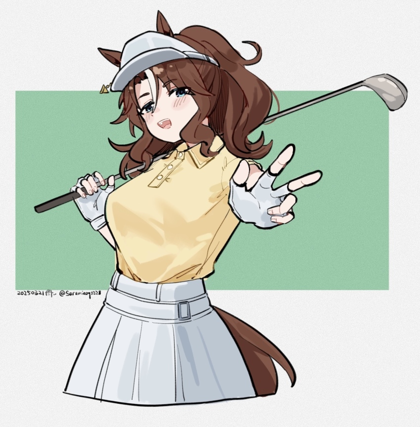 1girl alternate_costume animal_ears blue_eyes brown_hair buttons commentary dated fingerless_gloves fingernails gloves golf_club highres horse_ears horse_girl horse_tail mejiro_palmer_(umamusume) open_mouth pleated_skirt polo_shirt ponytail saramiao-chan shirt simple_background skirt tail teeth tongue twitter_username umamusume upper_teeth_only v visor_cap white_gloves white_skirt yellow_shirt