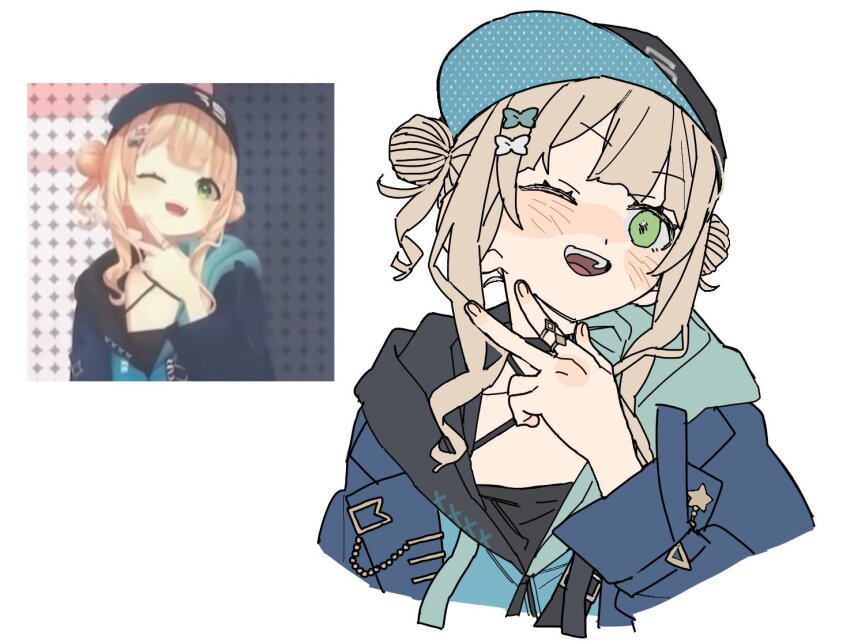 1girl baseball_cap dayama double_bun green_eyes hair_bun hat kaburaki_roco nijisanji one_eye_closed v virtual_youtuber white_background
