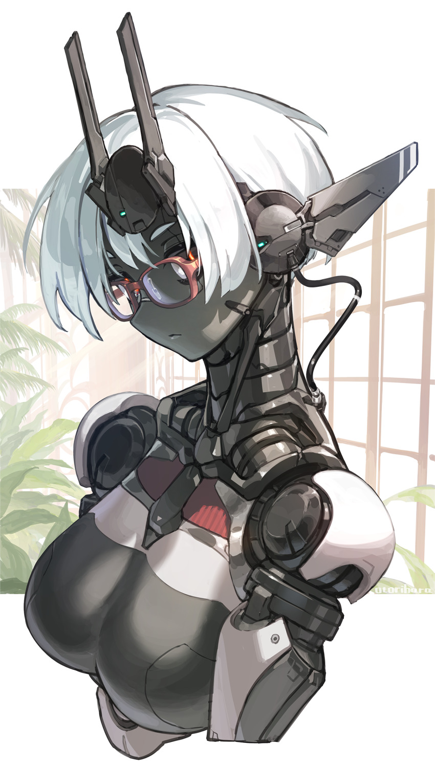 1girl black_eyes breasts cable colored_skin cropped_torso glasses go-malniju grey_skin highres indoors joints lens_eye looking_at_viewer mechanical_ears medium_breasts multicolored_eyes original plant potted_plant ringed_eyes robot_girl robot_joints science_fiction short_hair solo very_short_hair white_hair