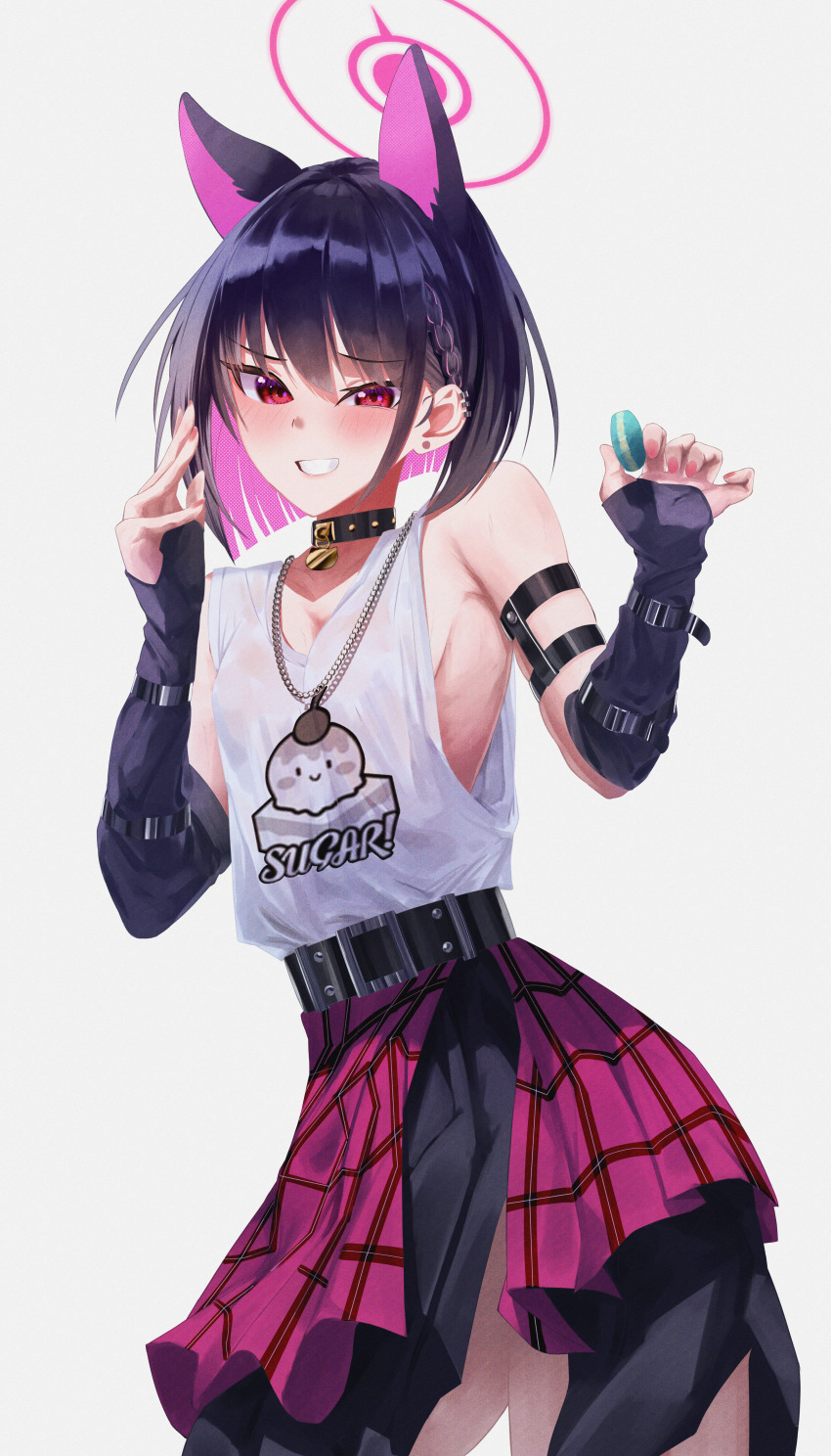 1girl absurdres alternate_costume animal_ears arm_strap belt black_belt black_collar black_hair blue_archive blush braid breasts cat_pendant chain chain_necklace collar colored_inner_hair commentary cowboy_shot earrings elbow_gloves film_grain fingerless_gloves fingernails gloves grey_gloves grin halo hands_up highres jewelry kazusa_(blue_archive) large_breasts layered_skirt looking_at_viewer multicolored_hair necklace no_bra nyo2_ng pink_halo pink_skirt print_tank_top red_eyes short_hair side_braid sideless_outfit simple_background skirt smile solo standing stud_earrings tank_top white_background white_tank_top