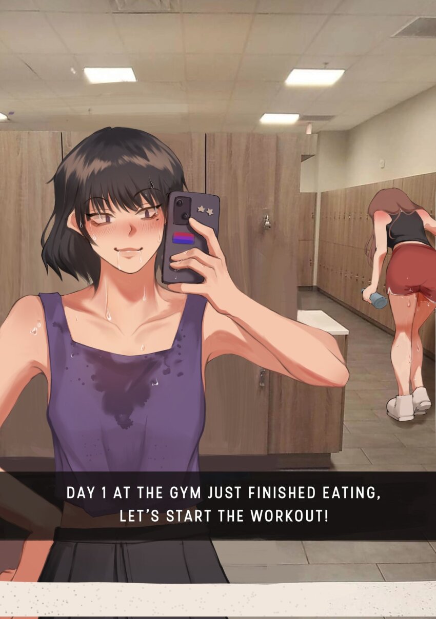2girls bent_over black_eyes black_shirt black_skirt blush bottle caption english_text hand_on_own_hip highres holding holding_bottle holding_phone meme midriff mole mole_under_eye multiple_girls omniscient_reader&#039;s_viewpoint phone photo_background purple_tank_top red_shorts selfie shirt shorts skirt smirk sweat_stain taking_picture tank_top verralynn yuri