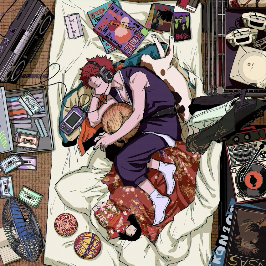 1boy abaraya ball bare_shoulders cassette_tape cat closed_eyes commentary_request doll electric_fan from_above futon harai_kuko headset highres hypnosis_mic male_focus phonograph pillow record red_hair short_hair socks stereo