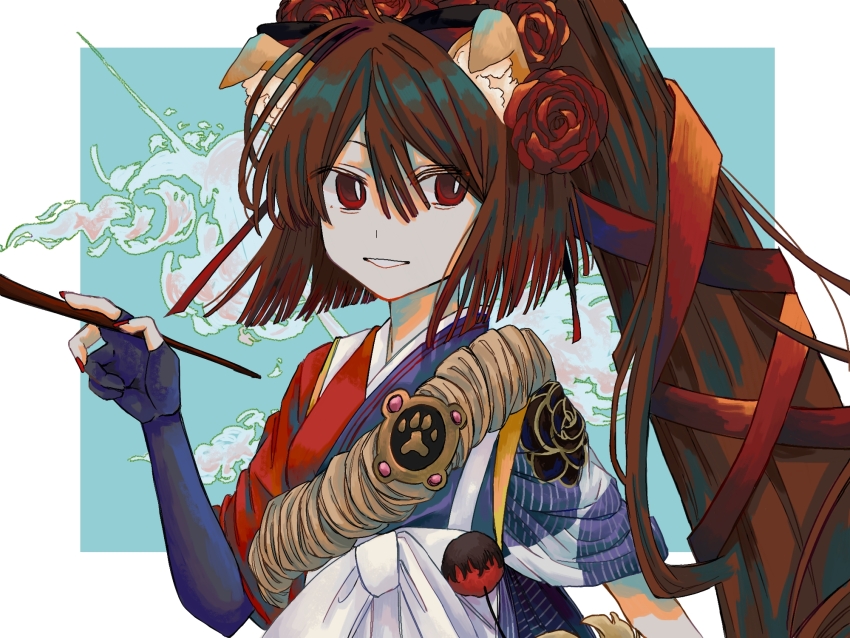 1girl animal_ear_fluff animal_ears blue_background border brown_hair fate/grand_order fate_(series) flower gloves hair_between_eyes hair_flower hair_ornament high_ponytail highres japanese_clothes kyokutei_bakin_(fate) long_hair parted_lips partially_fingerless_gloves paw_print ponytail red_eyes red_flower red_nails smile solo upper_body wararara white_border