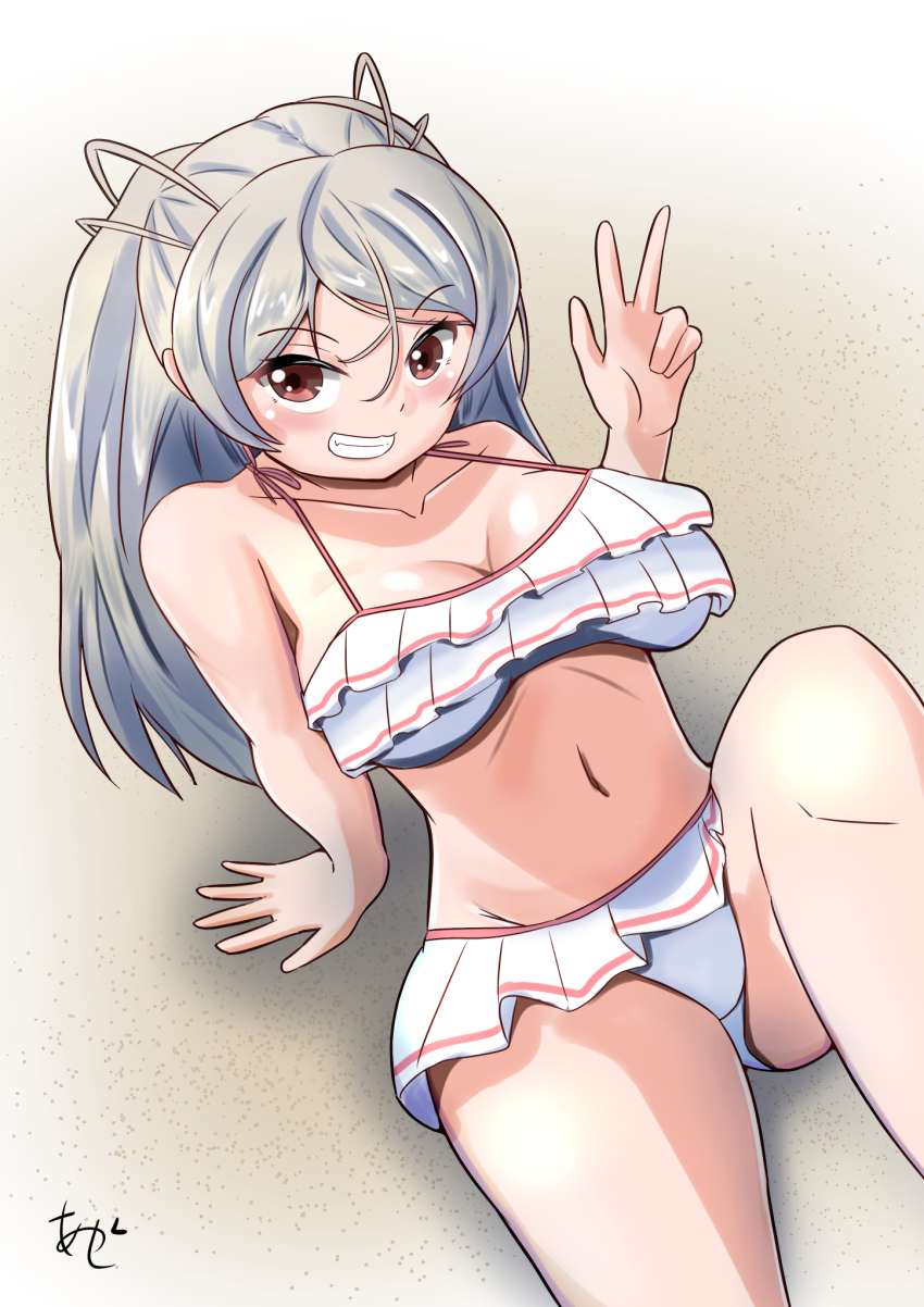 1girl akashieru bikini breasts brown_eyes cleavage conte_di_cavour_(kancolle) cosplay frilled_bikini frills grey_eyes highres kantai_collection large_breasts libeccio_(kancolle) libeccio_(kancolle)_(cosplay) libeccio_(swimsuit)_(kancolle) long_hair one-hour_drawing_challenge signature solo swimsuit two_side_up white_bikini