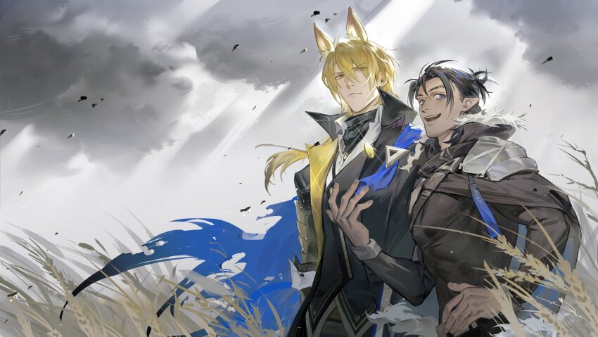 2boys animal_ears arknights arm_up black_cape black_coat black_shirt blue_cape blue_eyes buttons cape character_request chinese_commentary coat commentary_request covered_abs covered_pectorals double-breasted fingernails floating_hair fur-trimmed_hood fur_trim high_collar highres hood hooded_cape horse_boy horse_ears long_hair looking_to_the_side male_focus mlynar_(arknights) multiple_boys ncww_rinichi open_mouth pectorals pointy_ears ponytail popped_collar shirt sideways_glance smile storm teeth torn_cape torn_clothes turtleneck upper_teeth_only wheat wheat_field white_fur wind
