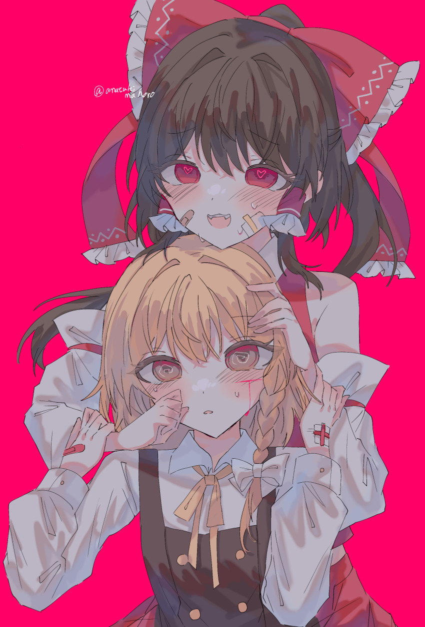 2girls absurdres amatukimahoro bandaid bandaid_on_cheek bandaid_on_face bandaid_on_hand bleeding blonde_hair blood blood_on_cheek blood_on_face blush bow brown_eyes brown_hair collared_shirt commentary_request detached_sleeves frilled_bow frilled_hair_tubes frills gauze gauze_on_cheek gauze_on_hand hair_bow hair_tubes hakurei_reimu heart heart-shaped_pupils highres kirisame_marisa long_hair long_sleeves looking_at_viewer multiple_girls open_mouth pink_background pink_blood red_bow red_eyes shirt simple_background smile symbol-shaped_pupils touhou twitter_username upper_body white_shirt white_sleeves