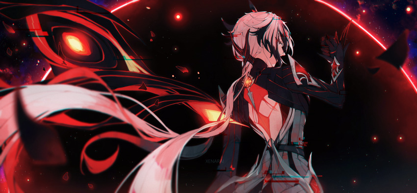 1girl absurdres arlecchino_(cinder_of_two_worlds&#039;_flames)_(genshin_impact) arlecchino_(genshin_impact) bare_back genshin_impact highres long_hair moon peruere_(genshin_impact) red_moon red_wings solo star_(sky) vision_(genshin_impact) white_hair wings xena_rai