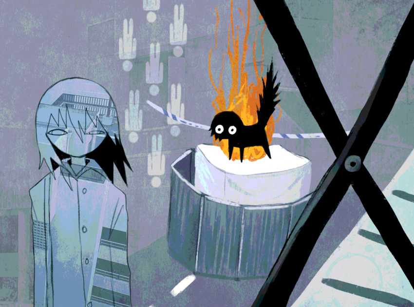 1other abstract_background black_tail creature ember_(jejejunum) fire fraid highres implied_suicide jacket jejejunum medium_hair no_mouth no_nose original surreal