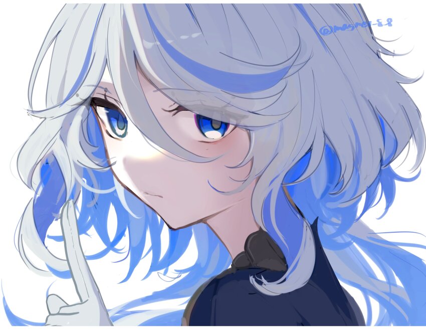 1girl absurdres blue_eyes blue_hair closed_mouth commentary furina_(genshin_impact) genshin_impact gloves hair_between_eyes highres looking_at_viewer looking_to_the_side magnet_8_8 multicolored_hair pointing pointing_up simple_background solo streaked_hair twitter_username two-tone_hair white_background white_gloves white_hair