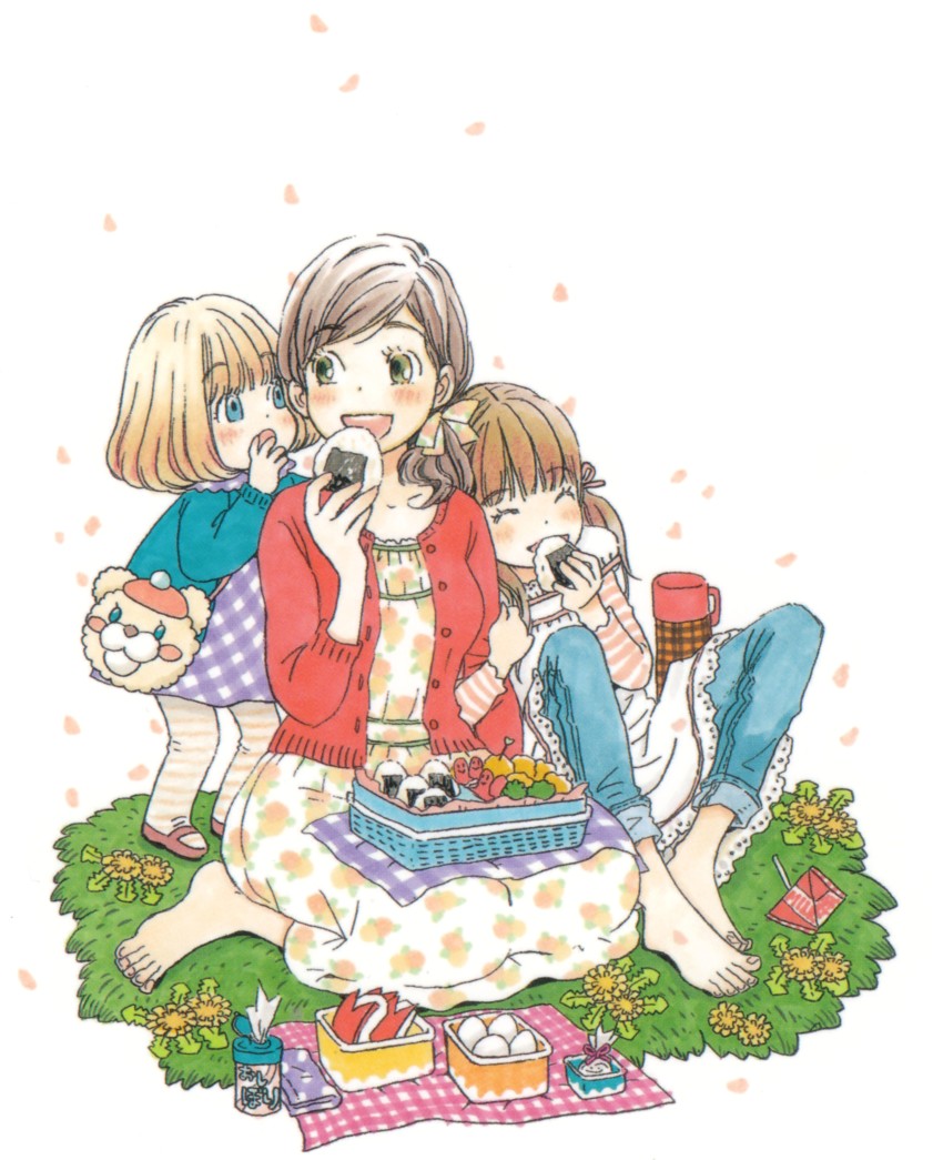 3girls absurdres arm_at_side bag barefoot blanket blue_eyes blue_sweater blunt_bangs blush bowl bowl_cut breasts brown_hair buttons cardigan denim dot_nose dress eating egg flat_chest floral_print flower food full_body grass green_eyes hand_on_another&#039;s_shoulder hand_up highres holding holding_food jeans juice_box kawamoto_akari kawamoto_hinata kawamoto_momo leaf light_brown_hair locked_arms long_sleeves looking_at_another looking_to_the_side mary_janes medium_breasts multiple_girls official_art onigiri open_cardigan open_clothes open_mouth pants pantyhose petals picnic plaid_clothes plaid_dress puffy_short_sleeves puffy_sleeves purple_dress red_footwear red_sweater ribbon sangatsu_no_lion shoes short_dress short_sleeves siblings side-by-side side_ponytail simple_background sisters sitting spring_(season) standing striped_clothes striped_legwear striped_pantyhose sweater talking thermos twintails umino_chika wariza white_background white_dress yellow_flower
