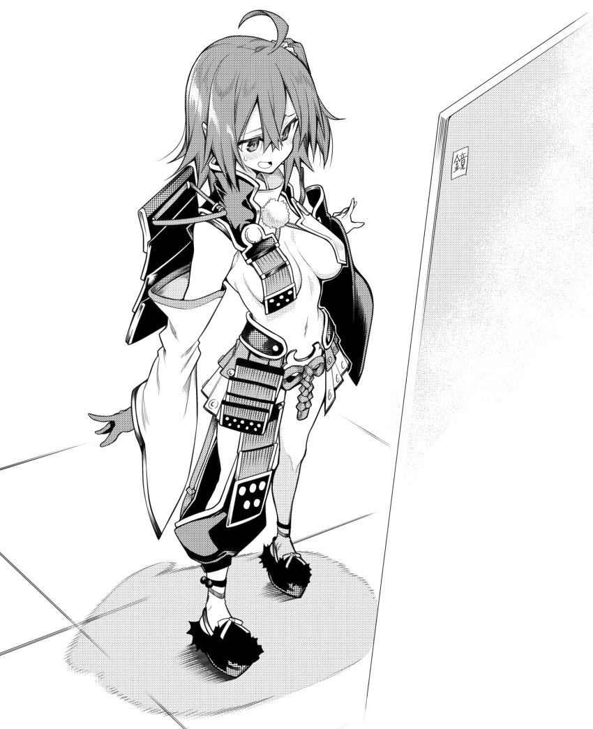 10mo armor asymmetrical_clothes asymmetrical_sleeves breast_curtains cosplay fate/grand_order fate_(series) feather_hair_ornament feathers fujimaru_ritsuka_(female) greyscale hair_ornament hair_scrunchie hat highres japanese_armor kusazuri mismatched_sleeves monochrome one_side_up pom_pom_(clothes) purple_sleeves revealing_clothes scrunchie shoulder_armor side_ponytail single_pantsleg sode tate_eboshi ushiwakamaru_(fate) ushiwakamaru_(fate)_(cosplay) white_sleeves