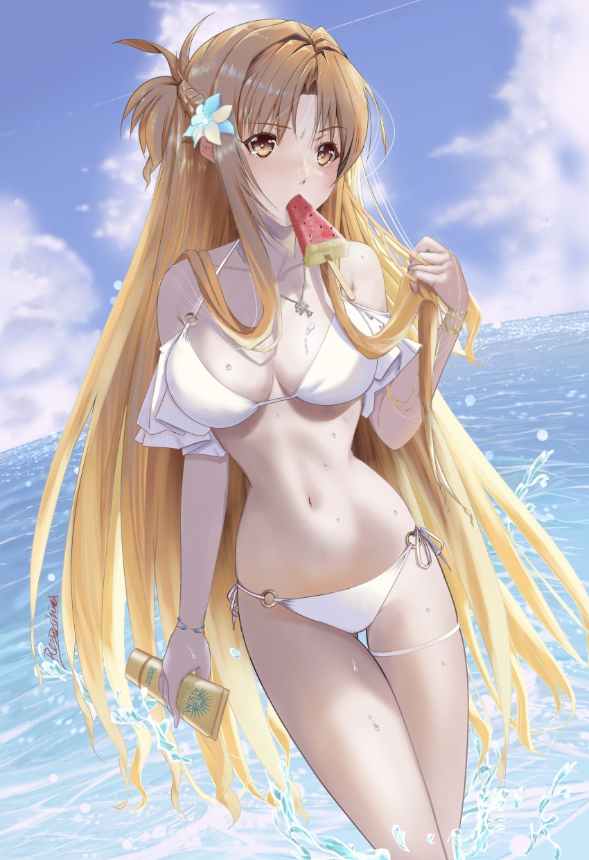 1girl absurdres asuna_(sao) bikini blue_sky blush bracelet braid breasts brown_eyes brown_hair cleavage cloud cloudy_sky collarbone commentary_request cowboy_shot darshima day flower food food_in_mouth hair_flower hair_ornament hair_over_shoulder half_up_half_down_braid hand_up highres holding holding_own_hair holding_tube jewelry long_hair looking_at_viewer lotion medium_breasts navel ocean outdoors popsicle popsicle_in_mouth side-tie_bikini_bottom signature sky solo standing stomach sunscreen swimsuit sword_art_online thigh_strap very_long_hair wading watermelon_bar wet white_bikini