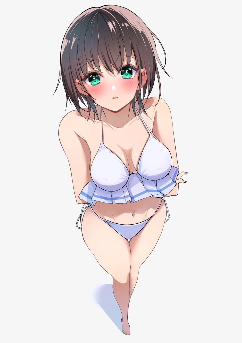 1girl absurdres aoi_erika bare_legs bare_shoulders barefoot bikini bikini_bottom_only black_hair blush breasts brown_hair cleavage clothes_lift collarbone feet frills from_above green_eyes halterneck heaven_burns_red highres large_breasts legs looking_at_viewer medium_breasts natsuki_(muravito) navel original parted_lips short_hair side-tie_bikini_bottom side-tie_clothing side-tie_swimsuit solo standing stomach swimsuit thigh_gap white_bikini