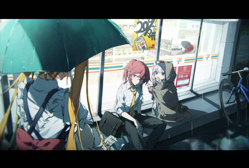 3girls 7-eleven :o back_bow beer_can bicycle black_pants blonde_hair blue_eyes blurry blurry_foreground borrowed_clothes bow briefcase brown_coat can coat commentary convenience_store drink_can facing_away feet_out_of_frame female_focus frilled_shirt frills hair_up head_tilt highres holding holding_umbrella hood hood_up kanna_kamui kobayashi-san_chi_no_maidragon kobayashi_(maidragon) letterboxed light_purple_hair long_hair looking_at_another multiple_girls necktie open_mouth oyo_hitsuji pants poster_(object) rain red_bow red_hair shelf shirt shop short_hair sitting tohru_(maidragon) trash_bag umbrella very_long_hair wet wet_clothes wet_shirt white_shirt yellow_necktie