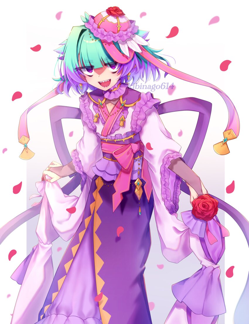 1girl absurdres alternate_costume aqua_hair artist_name colored_tips earrings fate/grand_order fate_(series) flower frilled_kimono frills hat highres japanese_clothes jewelry kibinago_(kibinago614) kimono locusta_(fate) looking_at_viewer mini_hat multicolored_hair open_mouth pointy_ears purple_eyes purple_hair rose sharp_teeth solo teeth wide_sleeves