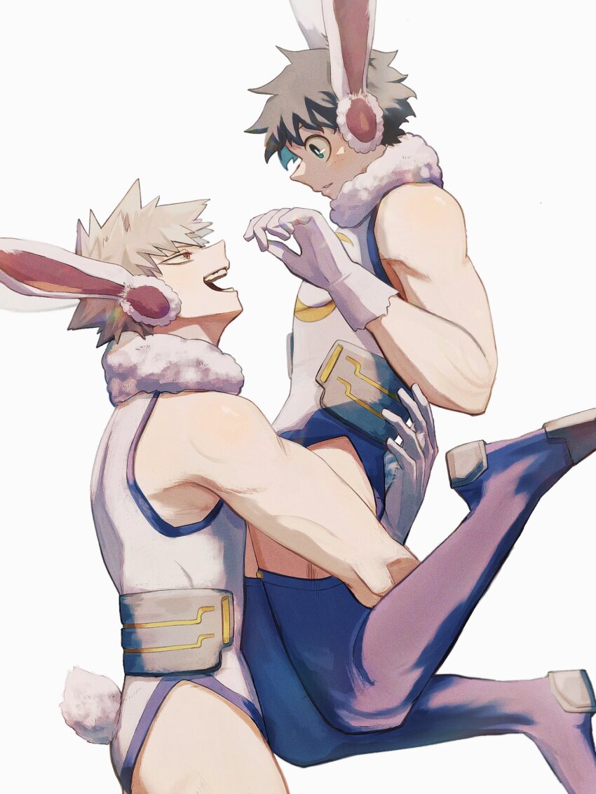 2boys animal_ears arm_up bakugou_katsuki bare_shoulders black_thighhighs blonde_hair boku_no_hero_academia carrying carrying_person commentary cosplay crossdressing eye_contact fake_animal_ears fake_tail fur-trimmed_collar fur_trim gloves green_eyes green_hair highres leotard looking_at_another male_focus midoriya_izuku mirko mirko_(cosplay) multiple_boys open_mouth rabbit_ears rabbit_tail red_eyes short_hair simple_background superhero_costume symbol-only_commentary tail teeth thighhighs toned toned_male uni_ssansyo white_background white_fur white_gloves yaoi
