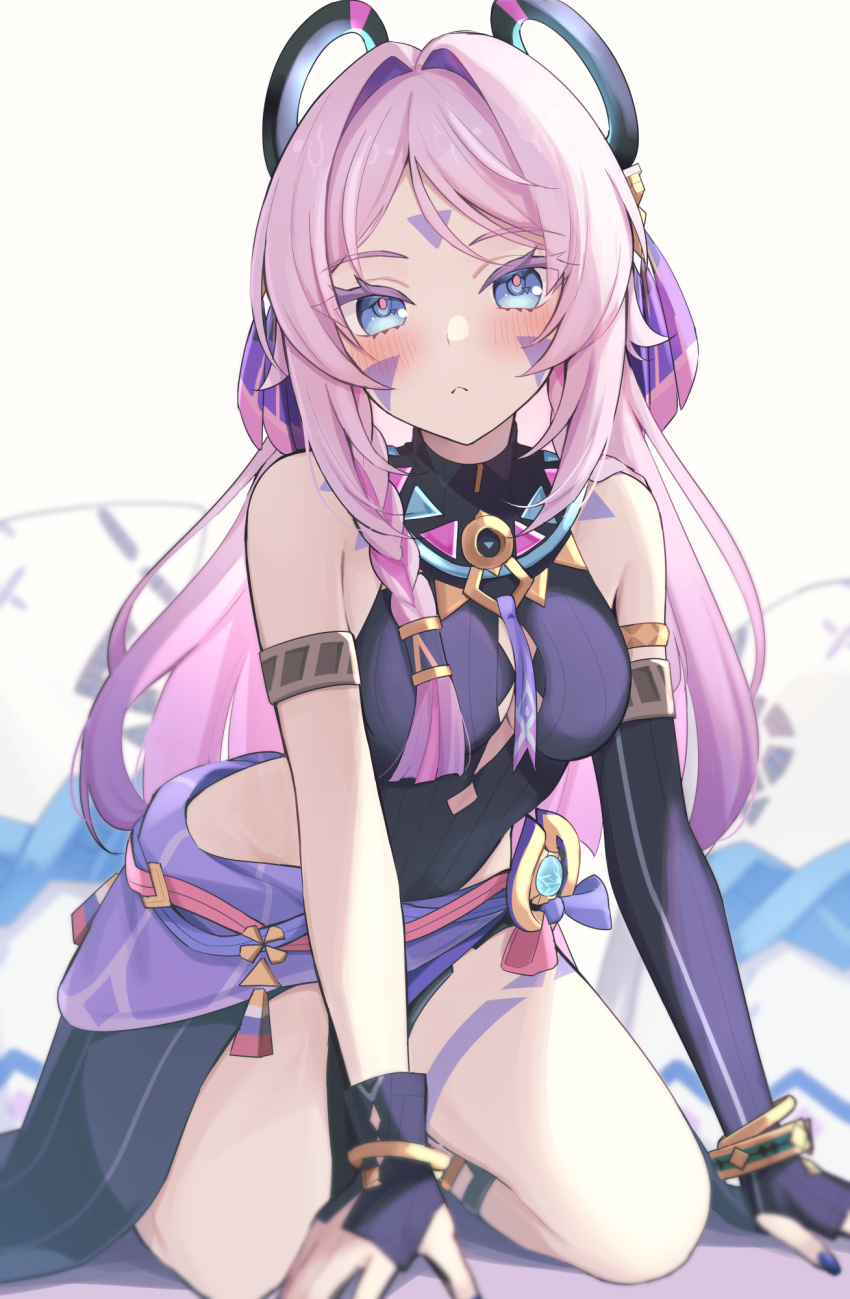1girl :&lt; armlet asymmetrical_sleeves bare_shoulders blue_eyes blush bracelet braid breasts citlali_(genshin_impact) closed_mouth collar colored_eyelashes commentary detached_sleeves facial_mark feathers fingernails floating_headgear forehead_mark genshin_impact hair_intakes headgear highres jewelry kneeling leotard long_hair looking_at_viewer nail_polish pink_feathers pink_hair pink_pupils purple_collar purple_feathers purple_leotard purple_nails purple_sarong purple_sleeves ribbed_leotard ribbed_sleeves ring_hair_ornament sarong simple_background solo thigh_marking thighs triangle triangle_facial_mark uneven_sleeves ura_(hamburg_oniku) usekh_collar vision_(genshin_impact) white_background