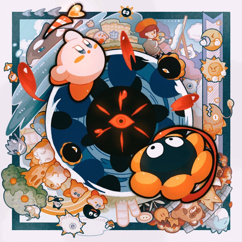 absurdres acro_(kirby) adeleine apple beret betamon bird black_eyes blood blue_eyes bronto_burt broom broom_riding cat chuchu_(kirby) closed_mouth cloud colored_sclera con_(kirby) coo_(kirby) crescent_moon cuts dark_matter_(kirby) dragon easel fish floating flower flying food fox fruit glef_life gooey_(kirby) gordo grass hamster hat heart_wand hibanamodoki highres ice_dragon_(kirby) injury kamuribana keke_(kirby) kine_(kirby) kirby kirby&#039;s_dream_land_3 kirby_(series) kracko li&#039;l_kracko looking_at_viewer love_love_stick moon mr._bright mr._shine nago_(kirby) nintendo octopus one-eyed open_mouth orange_eyes owl paintbrush painting_(action) parasol pitch_(kirby) pon_(kirby) pteran red_eyes red_sclera rick_(kirby) scarfy sitting smile spikes standing sun sweet_stuff tanuki tongue tongue_out tree tulip_(kirby) umbrella v-shaped_eyebrows waddle_dee wand water whale whispy_woods zero_(kirby)