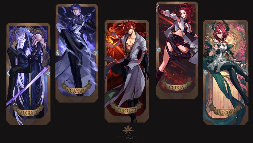 2girls 3boys absurdly_long_hair absurdres art_nouveau artist_logo artist_name bangs_pinned_back bare_shoulders black_bow black_coat black_gloves black_horns black_pants black_shoes blue_hair bow breasts calcharo_(wuthering_waves) card_(medium) character_name chest_sarashi chixia_(wuthering_waves) ciaccona_(wuthering_waves) cleavage closed_eyes closed_mouth clothes_around_waist coat collarbone colored_eyelashes commentary dress electricity english_commentary facial_hair from_side full_body glasses gloves green_thighhighs hair_between_eyes hand_up hat highres holding holding_microphone_stand holding_sword holding_unworn_clothes holding_unworn_hat holding_weapon horns jacket large_breasts leg_up logo long_hair long_sleeves looking_ahead looking_at_viewer male_focus material_growth medium_breasts microphone_stand mortefi_(wuthering_waves) multicolored_coat multicolored_hair multiple_boys multiple_girls mutation orange_eyes pants pointy_ears profile purple_eyes red_hair red_shorts sarashi shoes short_hair shorts smile steve_zheng stomach streaked_hair sword tacet_mark_(wuthering_waves) thighhighs toned toned_male unworn_hat unworn_headwear very_long_hair weapon white_coat white_dress white_eyelashes white_hair white_hat white_jacket wuthering_waves yuanwu_(wuthering_waves)