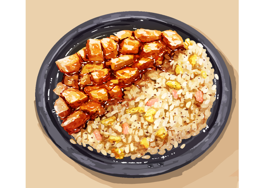 food food_focus fried_rice highres kaneko_ryou mapo_tofu no_humans original plate rice still_life tofu