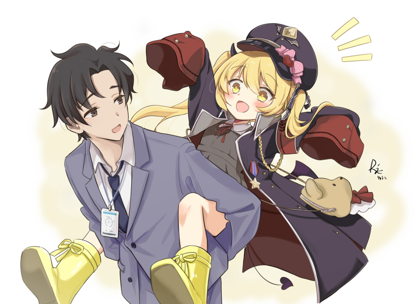 1boy 1girl animal_bag arms_up bag bear_bag black_hair black_hat blonde_hair blue_archive blue_archive_the_animation blue_jacket blue_necktie blue_pants blush boots border bow brown_coat brown_eyes buttons carrying coat collared_coat collared_shirt commentary_request demon_girl demon_tail demon_wings dress formal_clothes grey_dress hair_between_eyes happy hat hat_bow hat_ornament heart heart_hat_ornament ibuki_(blue_archive) id_card jacket lapels long_hair long_sleeves looking_at_another looking_back neck_ribbon necktie notice_lines open_clothes open_coat open_mouth outside_border pants piggyback pink_bow purple_coat r-king red_bow red_ribbon ribbon sensei_(blue_archive) sensei_(blue_archive_the_animation) shirt short_hair simple_background smile star_(symbol) suit tail twintails two-sided_coat two-sided_fabric white_border white_shirt wide_sleeves wings yellow_background yellow_boots yellow_bow yellow_eyes