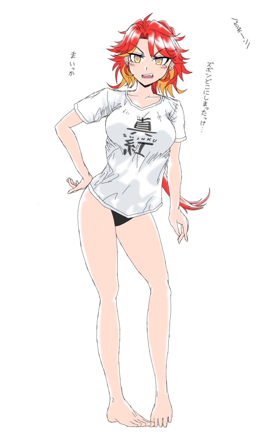 36rt absurdres annoyed azur_lane bare_legs black_panties blush casual hand_on_own_hip highres legs looking_at_viewer no_bra orange_eyes panties phoenix_(azur_lane) red_hair shirt t-shirt tagme thighs tilted_hips translation_request underwear