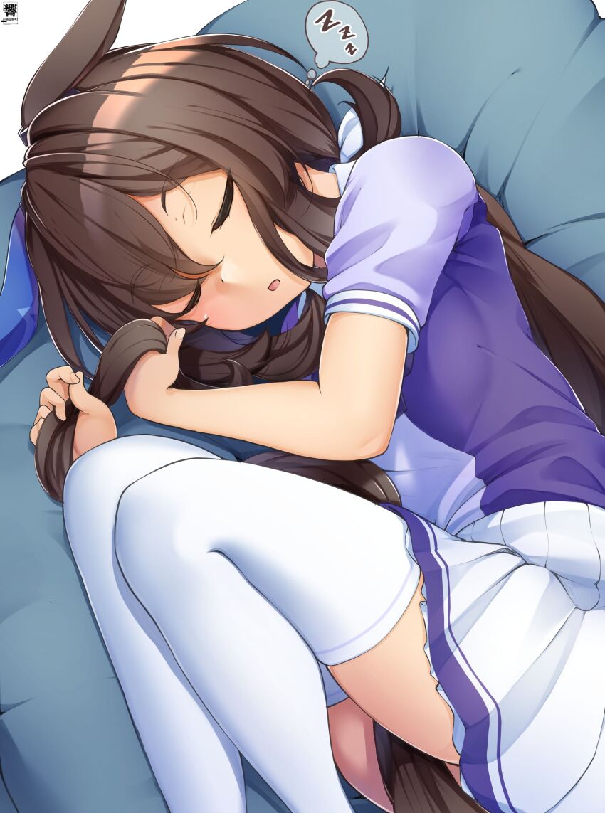 1girl 1koma absurdres admire_vega_(umamusume) animal_ears bean_bag_chair between_legs comic commentary_request ears_down hibiki_(zerocodo) highres holding_own_tail horse_ears horse_girl horse_tail lying on_side pleated_skirt purple_shirt sailor_collar sailor_shirt shirt short_sleeves signature skirt sleeping solo speech_bubble tail tail_between_legs thighhighs thought_bubble umamusume white_skirt white_thighhighs yogibo zettai_ryouiki zzz