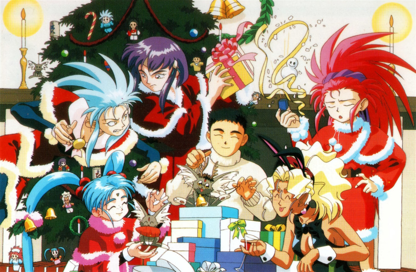 1990s_(style) 6+girls aqua_hair blonde_hair blue_eyes cabbit carrot christmas christmas_ornaments christmas_tree dark-skinned_female dark_skin double_bun dress drink hair_bun hakubi_washuu high_ponytail holding holding_drink kuramitsu_mihoshi long_hair makibi_kiyone masaki_aeka_jurai masaki_sasami_jurai multiple_girls non-web_source official_art pink_hair ponytail purple_hair red_eyes retro_artstyle ryou-ouki ryouko_(tenchi_muyou!) santa santa_costume santa_dress short_hair sitting smile sweater tenchi_muyou! tenchi_muyou!_uchuu_hen yellow_eyes
