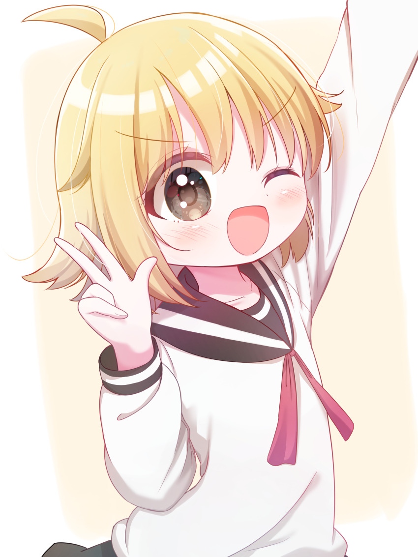 1girl absurdres ahoge arm_up blonde_hair blush brown_eyes commentary_request flipped_hair haruiroha highres long_sleeves looking_at_viewer neck_ribbon null-meta one_eye_closed open_mouth ribbon school_uniform serafuku short_hair smile solo uozumi_kurumi w