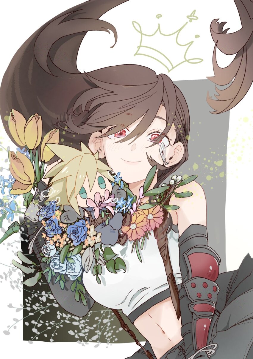 1boy 1girl baggy_pants bare_shoulders black_gloves black_hair black_skirt black_sports_bra blonde_hair blue_eyes blue_flower blue_pants border bouquet breasts brown_hair character_doll closed_mouth cloud_strife commentary_request congratulations crop_top crown doll drawn_crown earrings elbow_gloves final_fantasy final_fantasy_vii final_fantasy_vii_rebirth final_fantasy_vii_remake floating_hair flower gloves hair_behind_ear hair_between_eyes heart highres jewelry large_breasts light_blush long_hair midriff mini_person miniboy navel oshibainoticket outside_border pants pink_flower red_eyes single_arm_guard single_earring skirt smile spiked_hair sports_bra suspender_skirt suspenders tank_top tifa_lockhart tulip upper_body white_border white_flower white_tank_top yellow_flower