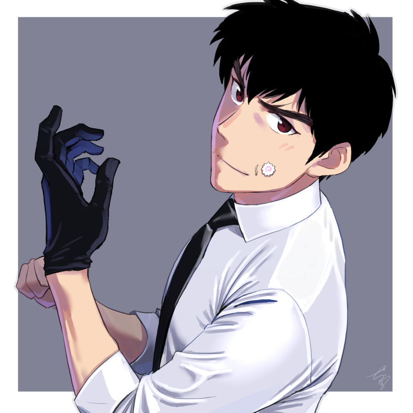 1boy bigur black_gloves black_hair black_necktie border brown_eyes closed_mouth collared_shirt food food_on_face gloves grey_background highres jigoku_sensei_nube long_sleeves looking_at_viewer male_focus necktie nueno_meisuke shirt short_hair signature solo white_border white_shirt