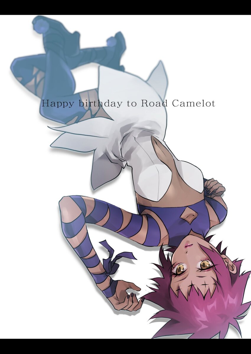 1girl arm_ribbon birthday black_border black_nails blue_ribbon blue_shoes blue_thighhighs border breasts cleavage collarbone d.gray-man dark-skinned_female dark_skin dress english_text eyeshadow facial_mark forehead_mark happy_birthday highres koshian_(mruc9) legs lipgloss lips looking_to_the_side lying makeup messy_hair neck_ribbon noah_(d.gray-man) on_back parted_bangs pink_lips purple_eyeshadow purple_hair ribbon road_kamelot shoes short_dress short_hair shoulder_ribbon sidelocks simple_background sleeveless sleeveless_dress small_breasts solo spiked_hair strapless strapless_dress thighhighs thighs torn_clothes torn_thighhighs upside-down white_background white_dress yellow_eyes