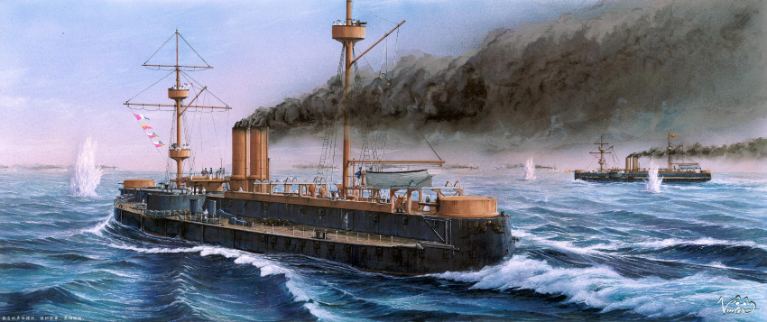 absurdres acrylic_paint_(medium) battle cannon dingyuan_(cruiser) first_sino-japanese_war flag highres historical_event imperial_chinese_navy ironclad military_vehicle naval_battle ocean original outdoors painting_(medium) ship ship_turret smoke smokestack traditional_media vehicle_focus vortex_(xu_xuanwo) warship watercraft