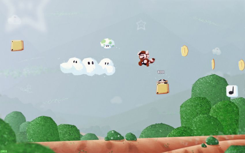 1-up_mushroom 1boy 1up absurdres animal_ears block bush cloud coin goomba hat highres jump_block jumping land male_focus mario mario_(series) md5_mismatch musical_note_block nintendo orioto outdoors raccoon_ears raccoon_mario raccoon_tail resized resolution_mismatch sky solo star_(symbol) starman_(mario) super_mario_bros._1 super_mario_bros._3 super_star tail upscaled |_|