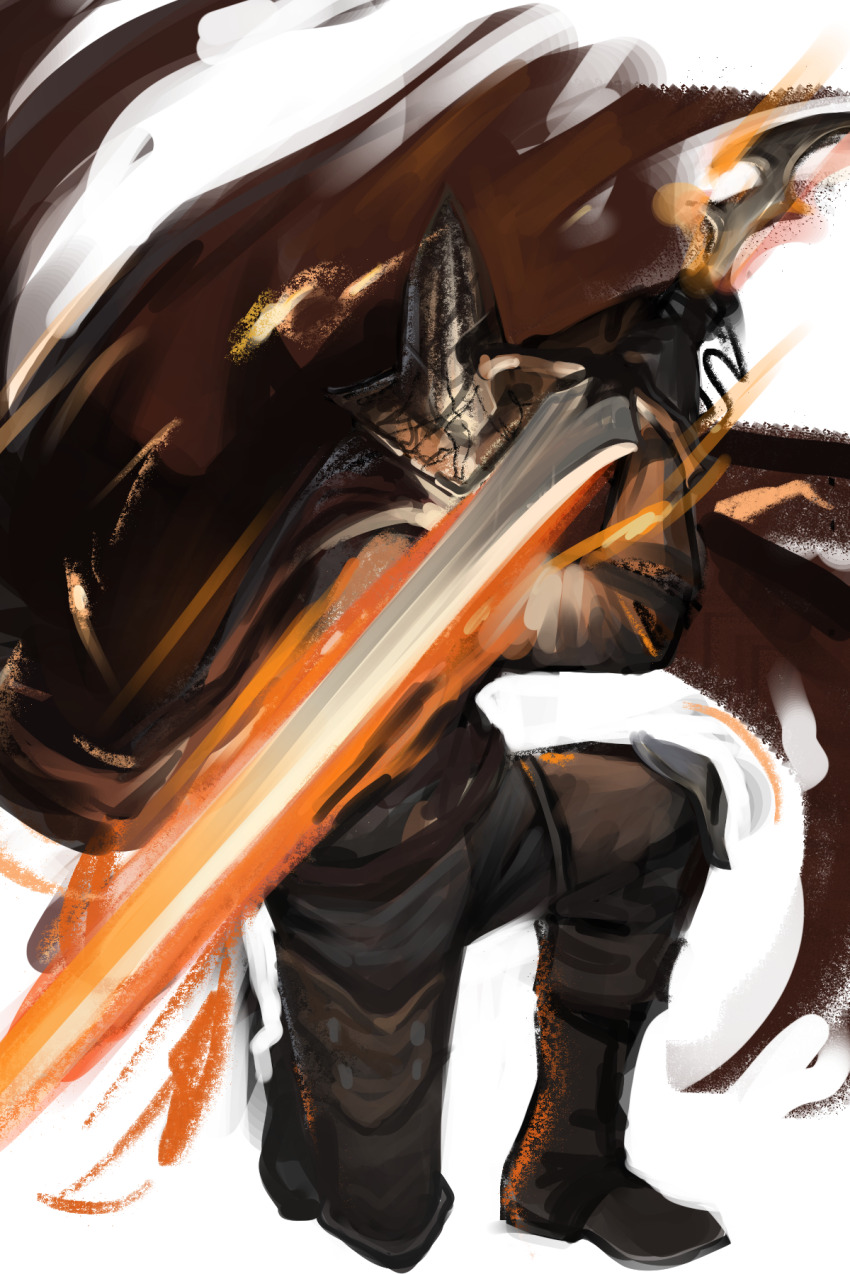 1other abyss_watcher black_pants boots brown_boots brown_cape cape commentary dark_souls_(series) dark_souls_iii dokomon fire flaming_sword flaming_weapon full_body greatsword highres holding holding_sword holding_weapon knight on_one_knee other_focus pants pointy_hat poleyn simple_background solo sword symbol-only_commentary thigh_boots torn_cape torn_clothes weapon white_background