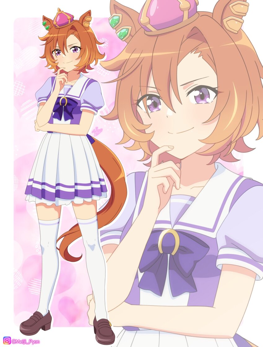 1girl animal_ears blush bow bowtie breasts closed_mouth collarbone crown ear_ornament hair_between_eyes highres horse_ears horse_girl horse_tail looking_at_viewer meiji_(kurumierika) mini_crown orange_hair orange_tail pink_crown pleated_skirt puffy_short_sleeves puffy_sleeves purple_bow purple_bowtie purple_eyes purple_shirt sailor_collar sailor_shirt school_uniform shirt shoes short_hair short_sleeves skirt smile t.m._opera_o_(umamusume) tail thighhighs tracen_school_uniform umamusume white_sailor_collar white_skirt white_thighhighs zoom_layer