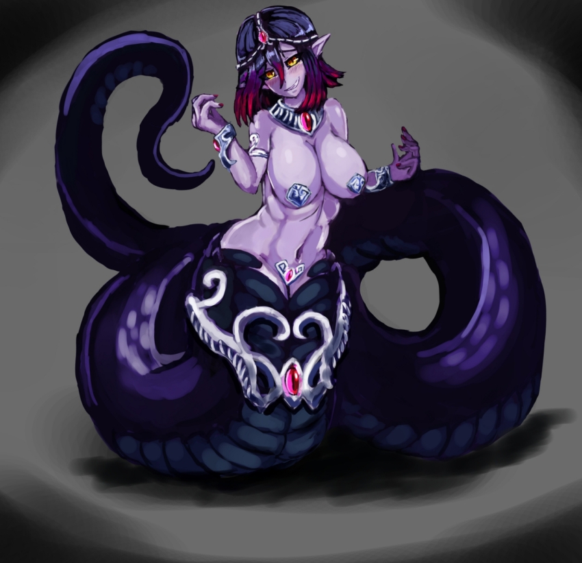 1girl apophis_(monster_girl_encyclopedia) black_background black_sclera blush breasts colored_sclera colored_skin crotch_plate gem grey_background highres jewelry large_breasts looking_at_viewer monster_girl monster_girl_encyclopedia monster_girl_encyclopedia_ii multicolored_hair necklace pasties pointy_ears purple_hair purple_skin red_hair revealing_clothes sagging_breasts short_hair silver simple_background slit_pupils smile snake_girl snake_tail tail tiara two-tone_background two-tone_hair udetamago wristband yellow_eyes