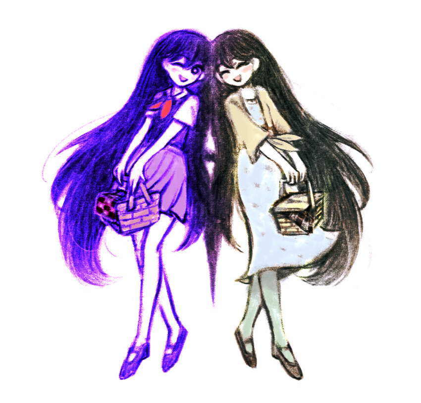 2girls alternate_costume black_hair black_shoes blush bright_pupils closed_eyes collared_shirt colored_skin dual_persona highres holding_picnic_basket lilac_aesthetic long_hair long_sleeves looking_at_viewer mari_(faraway)_(omori) mari_(headspace)_(omori) mari_(omori) multiple_girls neckerchief omori one_eye_closed open_mouth picnic_basket purple_eyes purple_hair purple_shoes purple_sweater_vest red_neckerchief shirt shoes short_sleeves simple_background smile something_(omori) spoilers sweater_vest white_background white_pupils white_shirt white_skin
