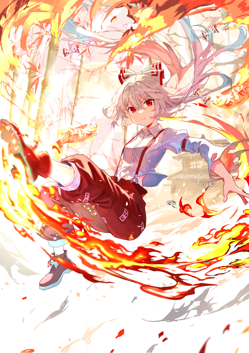 1girl absurdres bamboo boots bow closed_mouth collared_shirt commentary_request fire fujiwara_no_mokou grey_hair hair_bow highres ibushi_roun long_hair long_sleeves looking_at_viewer ofuda ofuda_on_clothes pants pyrokinesis red_boots red_eyes red_pants shirt solo suspenders textless_version touhou very_long_hair white_bow white_shirt