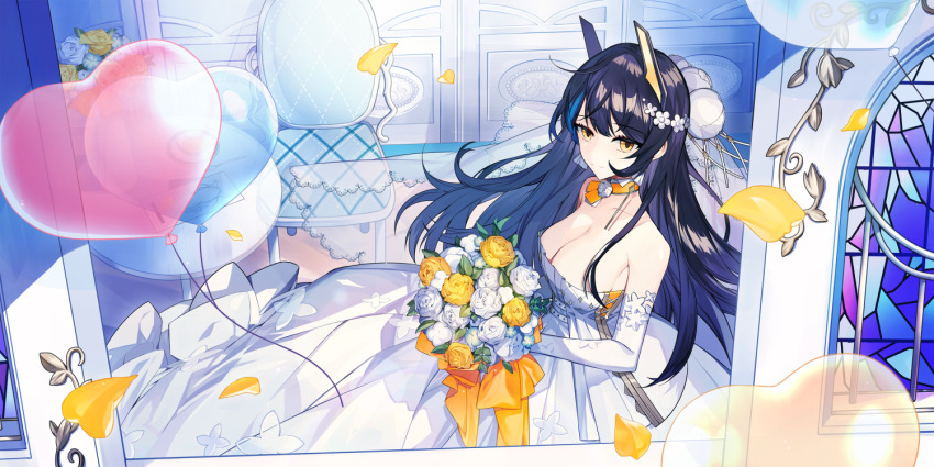 +intro+ alternate_costume balloon bare_shoulders bernadette_(final_gear) black_hair blue_hair blunt_bangs bouquet bowl breasts chair choker cleavage collar collarbone commentary cross-laced_clothes cross-laced_dress detached_collar dress english_commentary final_gear flower flower_pot food from_above from_inside gloves hair_behind_ear hair_flower hair_ornament heart_balloon holding holding_bouquet lace-trimmed_veil lace_trim light_smile medium_breasts multicolored_hair official_alternate_costume official_art orange_choker papers parted_lips petals plate ribbon rose rose_petals see-through_clothes see-through_balloon see-through_veil soup spoon straight_hair streaked_hair table veil wedding_dress white_collar white_dress white_flower white_gloves white_rose window yellow_eyes yellow_flower yellow_petals yellow_ribbon yellow_rose