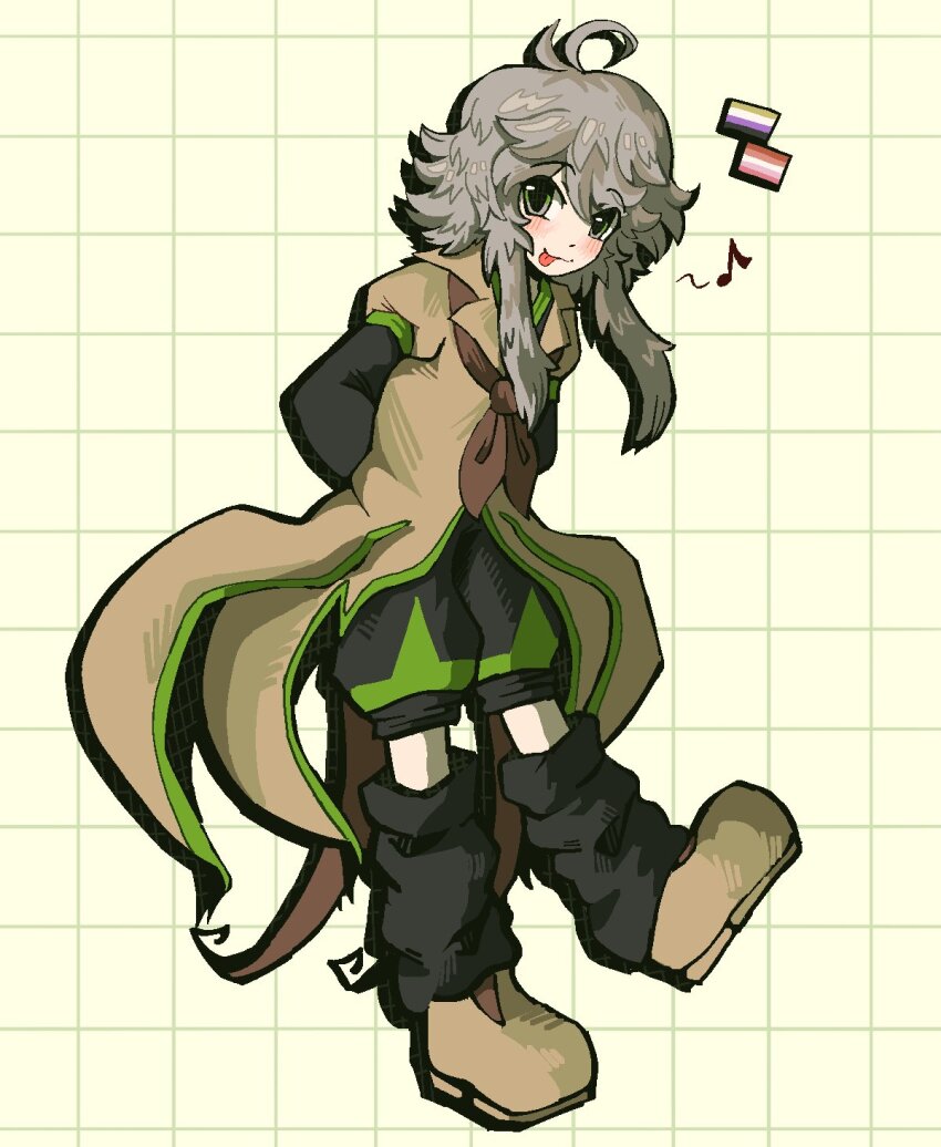 1other :p ahoge androgynous ascot loose_socks black_shorts black_sleeves blush brown_ascot brown_coat coat green_shorts grey_eyes grey_hair grid_background gzpxllztt highres houlen_yabusame len&#039;en lesbian_flag long_sleeves musical_note non-binary_flag redrawn shorts solo standing tongue tongue_out