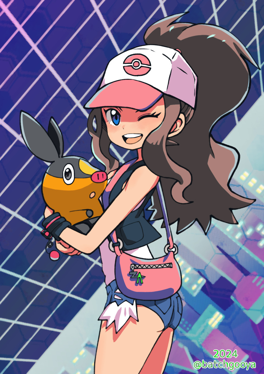 1girl ass bag baseball_cap batchgooya black_jacket blue_eyes blue_shorts brown_eyes brown_hair dated gen_5_pokemon hat highres hilda_(pokemon) holding holding_pokemon jacket long_hair nintendo one_eye_closed open_mouth poke_ball_print pokemon pokemon_(creature) pokemon_bw ponytail shirt shorts sidelocks sleeveless smile tepig twitter_username white_shirt