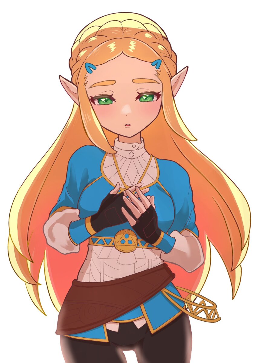 1girl black_gloves black_pants blonde_hair blue_shirt braid cowboy_shot crown_braid fingerless_gloves gloves green_eyes highres long_hair long_sleeves looking_at_viewer nintendo pants parted_lips pointy_ears princess_zelda sheyona shirt solo the_legend_of_zelda the_legend_of_zelda:_breath_of_the_wild white_background